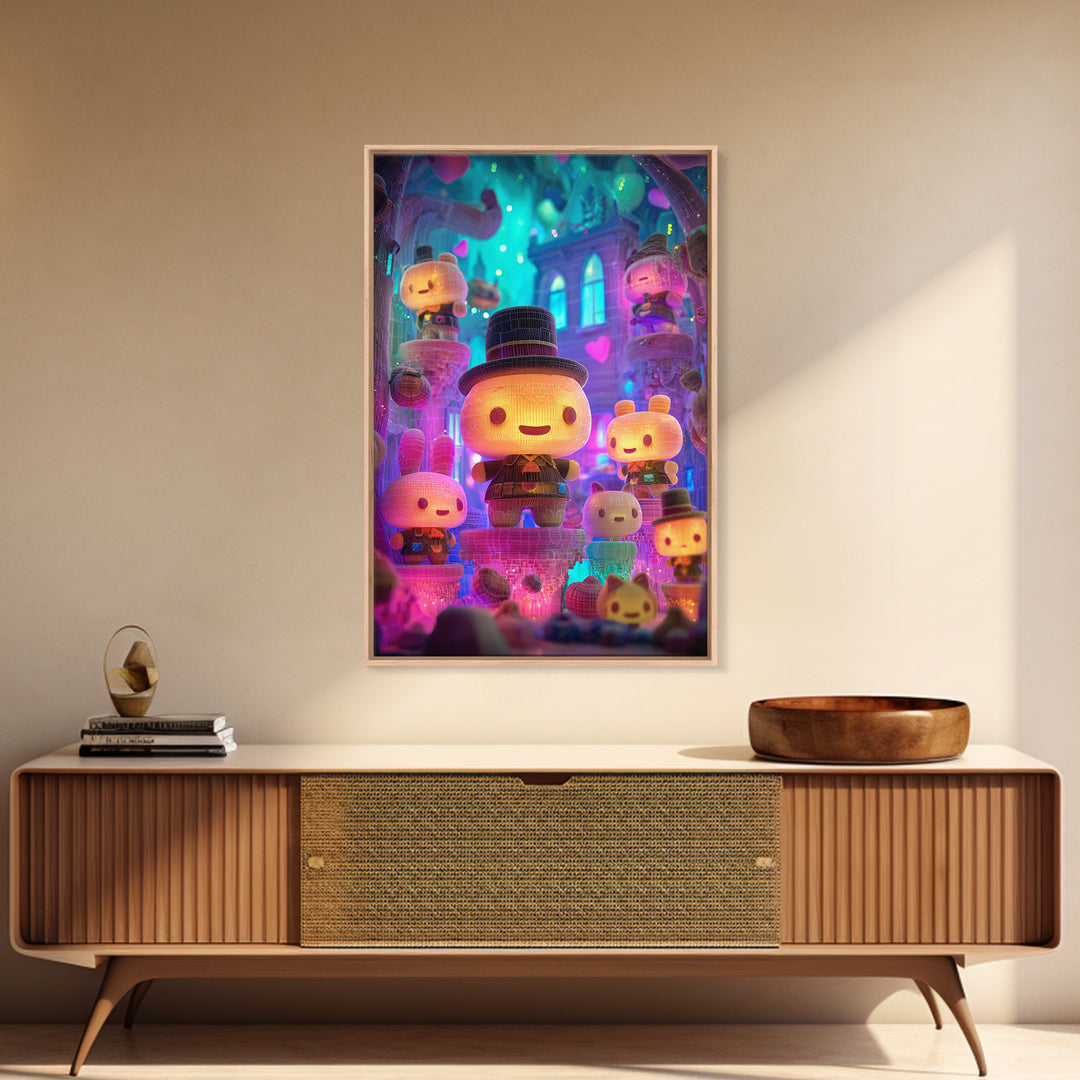 The Halloween Toy Kingdom, Cute Spooky Neon Art, Vertical Wall Art, Framed Canvas Print, Retro Halloween Decor, Neon Wall Art