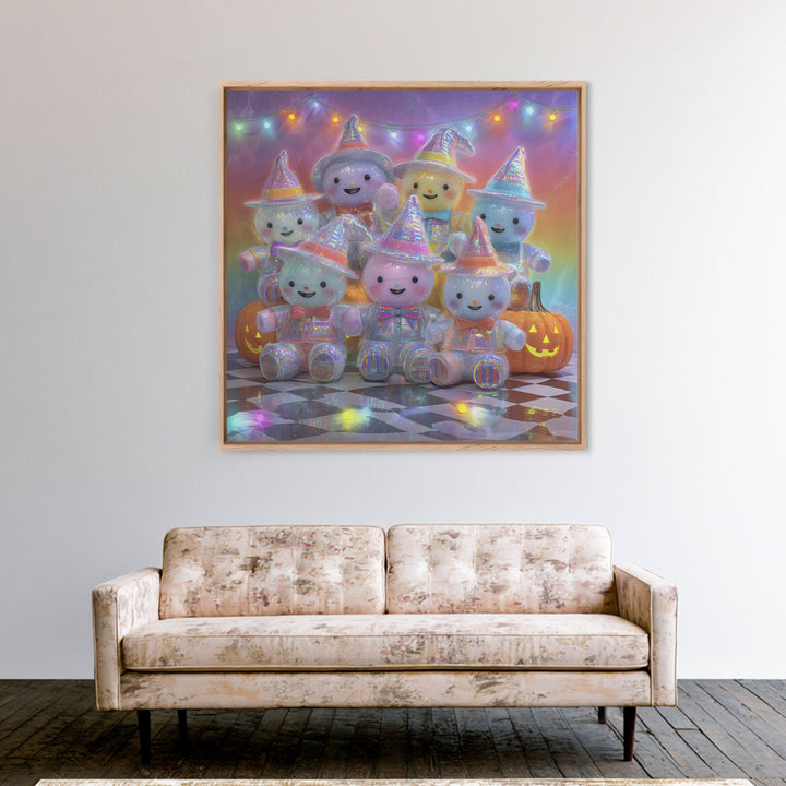 The Halloween Toy Kingdom, Cute Spooky Neon Art, Square Wall Art, Framed Canvas Print, Retro Halloween Decor, Neon Wall Art