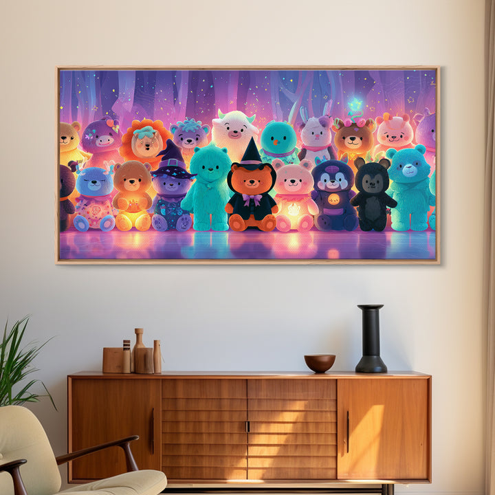 The Halloween Toy Kingdom, Vaporwave Halloween Decor, Wide Panoramic Art, Framed Canvas Print, Retro Halloween Decor, Neon Wall Art