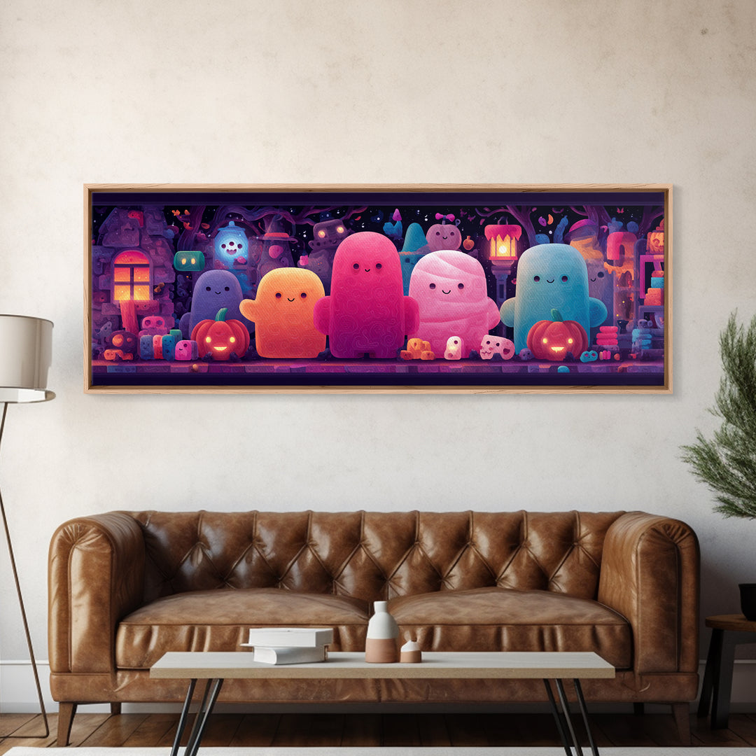 The Halloween Toy Kingdom, Cute Spooky Neon Art, Extra Wide Wall Art, Canvas Print, Retro Halloween Decor, Neon Wall Art, Dark Fantasy Art