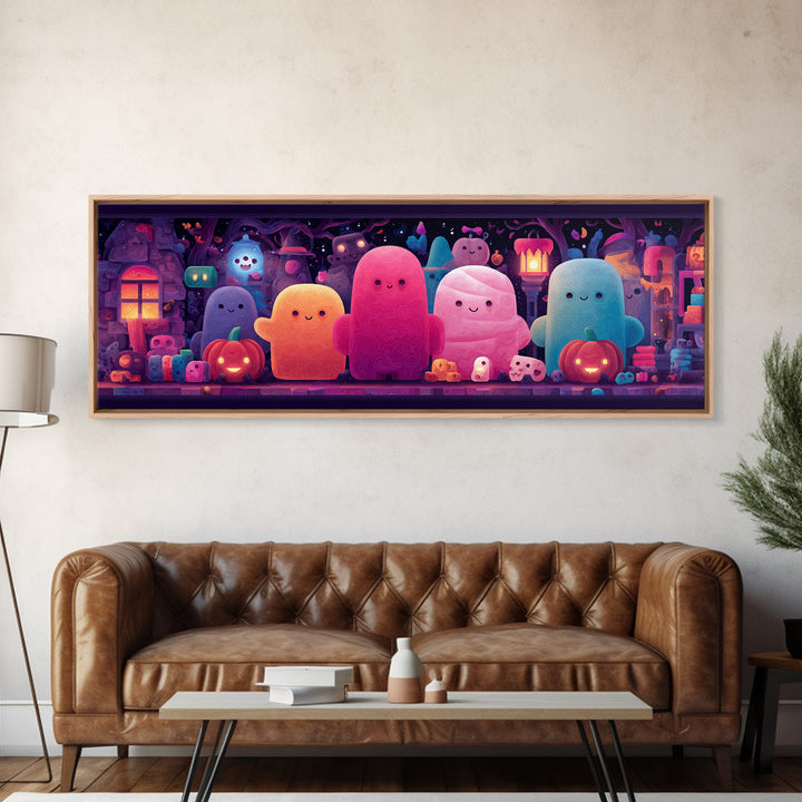 The Halloween Toy Kingdom, Cute Spooky Neon Art, Extra Wide Wall Art, Canvas Print, Retro Halloween Decor, Neon Wall Art, Dark Fantasy Art
