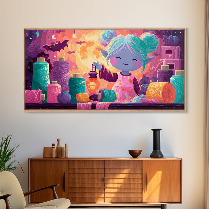 The Magical Costume Workshop, 80s Halloween Wall Art, Wide Panoramic Art, Framed Canvas Print, Retro Halloween Decor, Neon Wall Art