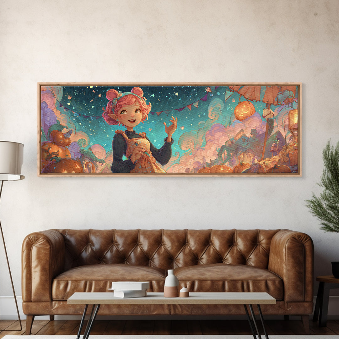 The Magical Costume Workshop, Synthwave Halloween Art, Extra Wide Wall Art, Canvas Print, Retro Halloween Decor, Neon Wall Art