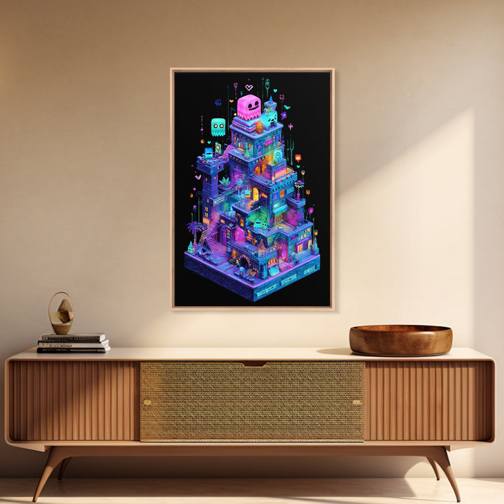 The Great Monster Pajama Party, Retro Neon Halloween Art, Vertical Wall Art, Framed Canvas Print, Retro Halloween Decor, Neon Wall Art