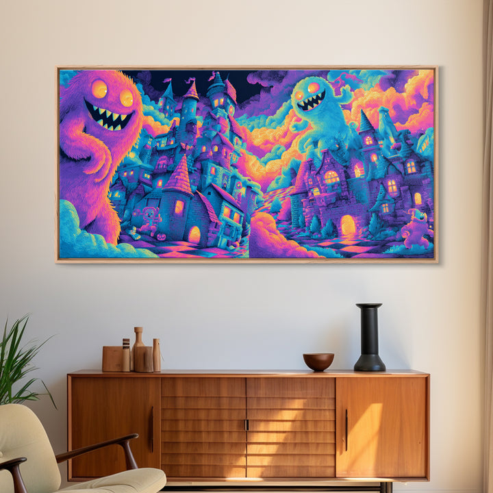 The Great Monster Pajama Party, Cute Spooky Neon Art, Wide Panoramic Art, Framed Canvas Print, Retro Halloween Decor, Neon Wall Art