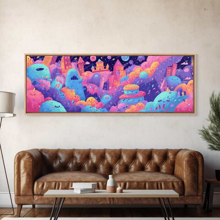 The Great Monster Pajama Party, Vaporwave Halloween Decor, Extra Wide Wall Art, Canvas Print, Retro Halloween Decor, Neon Wall Art