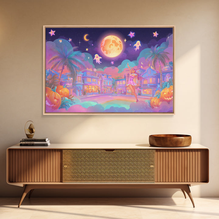 The Rainbow Halloween Night, 80s Halloween Wall Art, Landscape Wall Art, Canvas Print, Retro Halloween Decor, Neon Wall Art