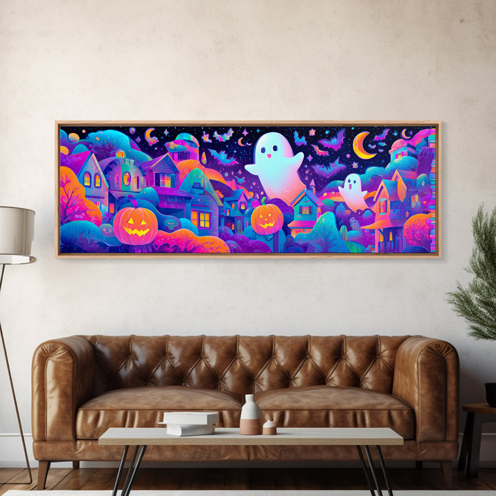 The Rainbow Halloween Night, Cute Spooky Neon Art, Extra Wide Wall Art, Canvas Print, Retro Halloween Decor, Neon Wall Art