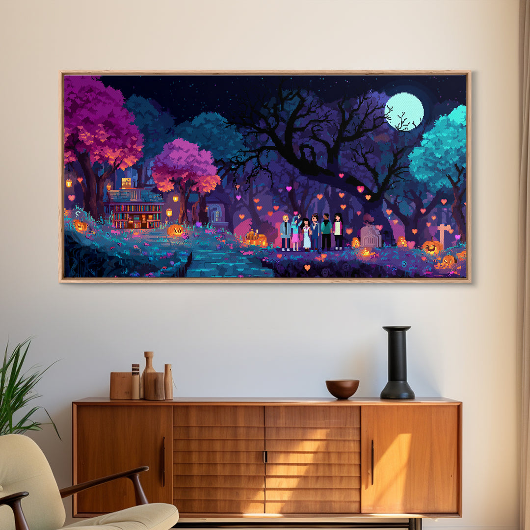 The Enchanted Halloween Library, Cute Spooky Neon Art, Wide Panoramic Art, Canvas Print, Retro Halloween Decor, Neon Wall Art