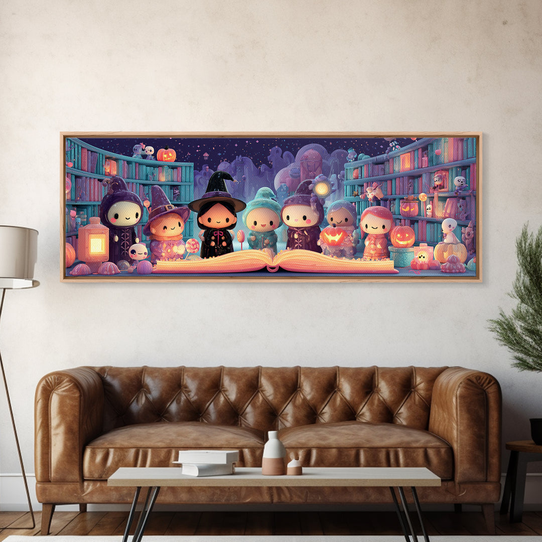 The Enchanted Halloween Library, Cute Spooky Neon Art, Extra Wide Wall Art, Canvas Print, Retro Halloween Decor, Neon Wall Art