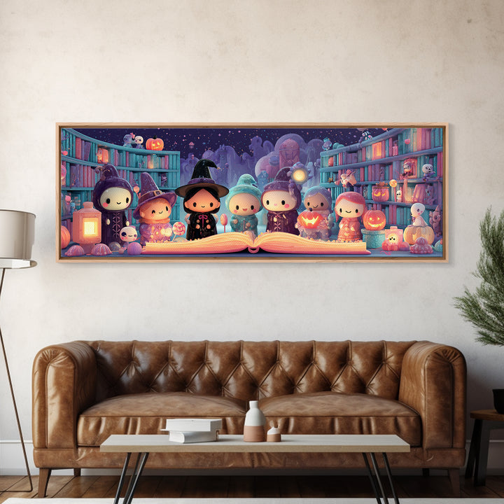 The Enchanted Halloween Library, Cute Spooky Neon Art, Extra Wide Wall Art, Canvas Print, Retro Halloween Decor, Neon Wall Art