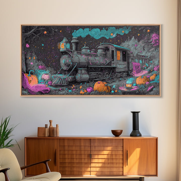 The Trick-Or-Treat Express, Synthwave Halloween Art, Wide Panoramic Art, Canvas Print, Retro Halloween Decor, Neon Wall Art