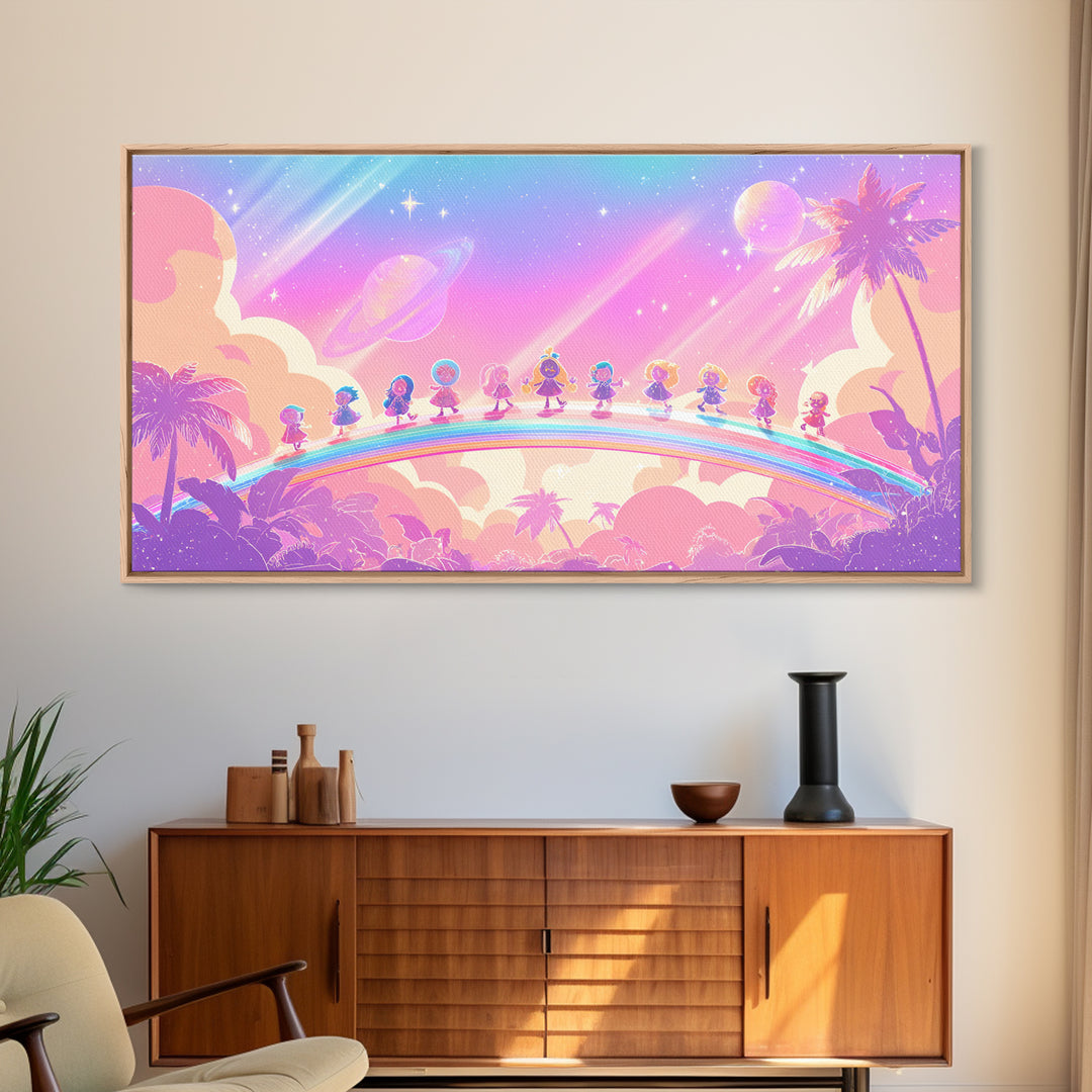 The Parade Across The Stars, Synthwave Halloween Art, Wide Panoramic Art, Framed Canvas Print, Retro Halloween Decor, Neon Wall Art