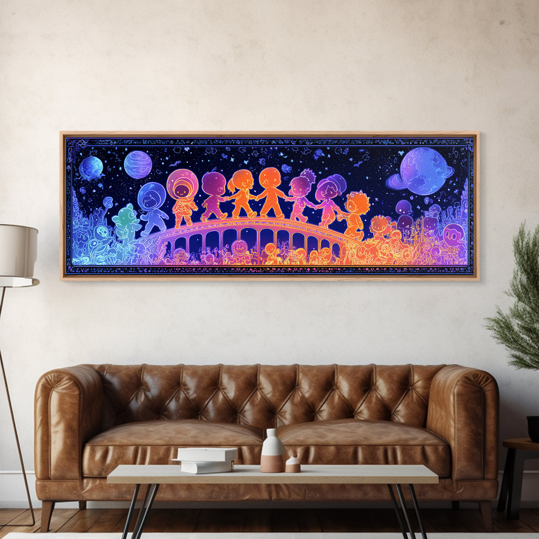The Parade Across The Stars, Retro Neon Halloween Art, Extra Wide Wall Art, Framed Canvas Print, Retro Halloween Decor, Neon Wall Art