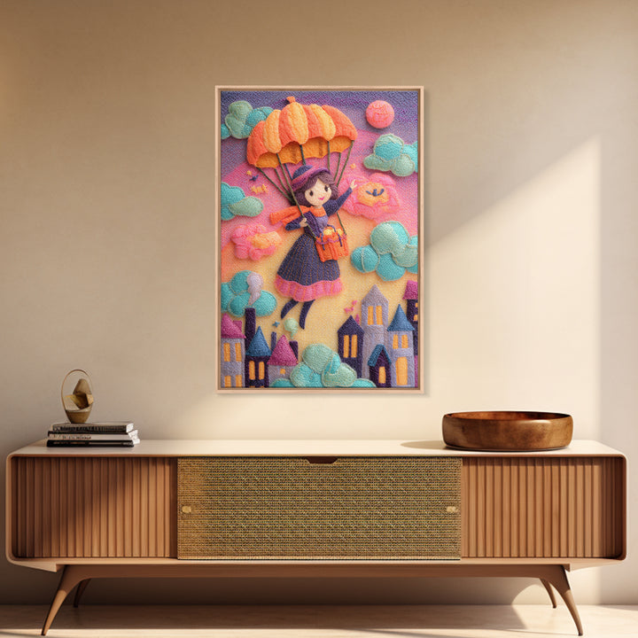 The Enchanted Umbrella Adventure, 80s Halloween Wall Art, Vertical Wall Art, Canvas Print, Retro Halloween Decor, Neon Wall Art