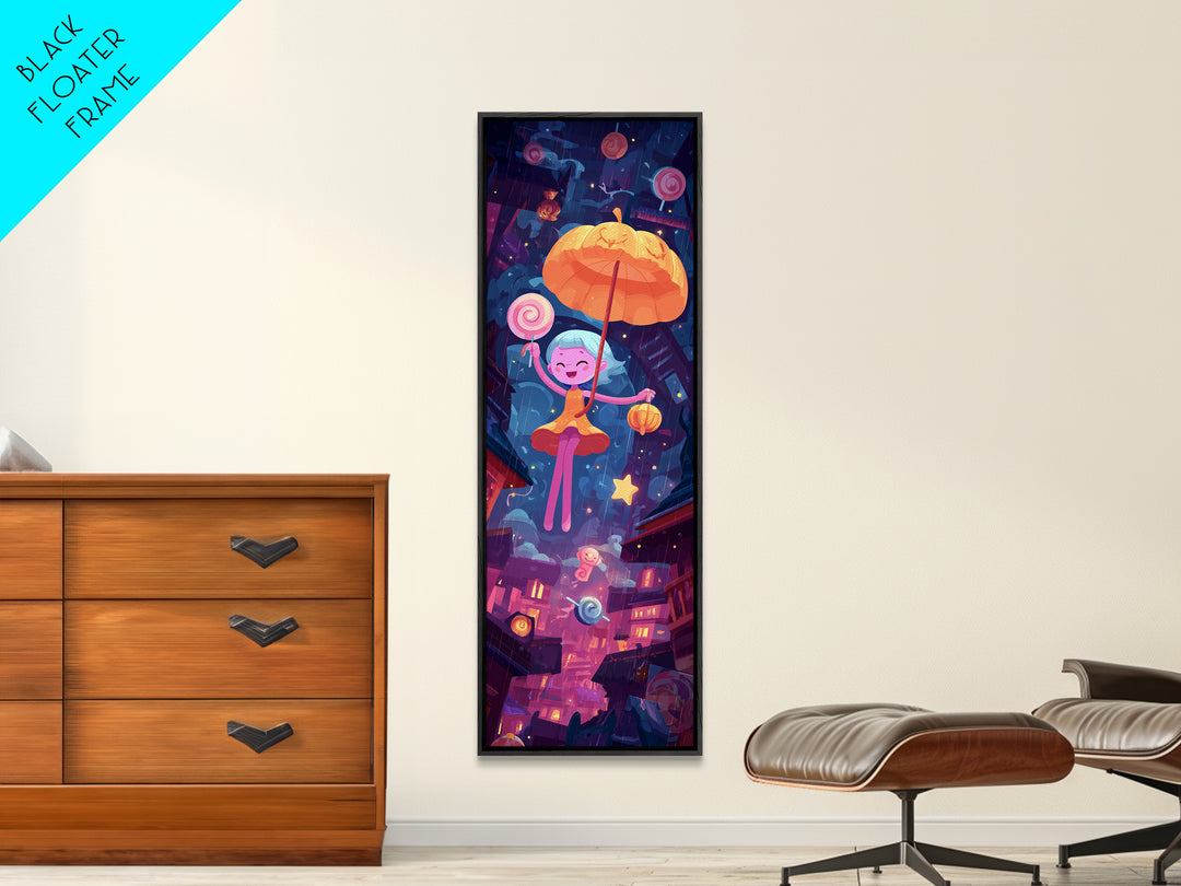 The Enchanted Umbrella Adventure, Vaporwave Halloween Decor, Tall Narrow Wall Art, Canvas Print, Retro Halloween Decor, Neon Wall Art