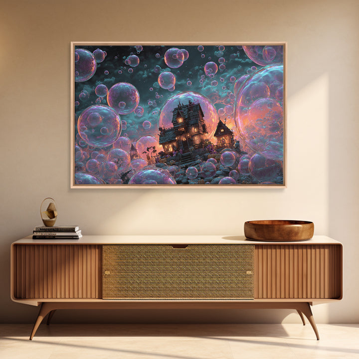 The Halloween Bubble Village, Synthwave Halloween Art, Landscape Wall Art, Framed Canvas Print, Retro Halloween Decor, Neon Wall Art