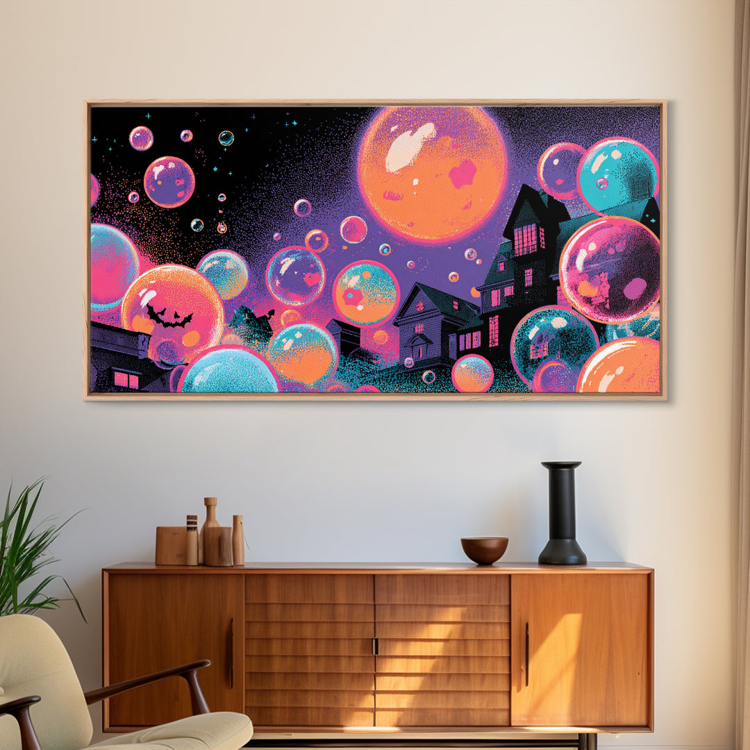 The Halloween Bubble Village, Synthwave Halloween Art, Wide Panoramic Art, Framed Canvas Print, Retro Halloween Decor, Neon Wall Art