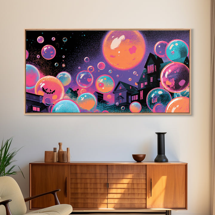 The Halloween Bubble Village, Synthwave Halloween Art, Wide Panoramic Art, Framed Canvas Print, Retro Halloween Decor, Neon Wall Art