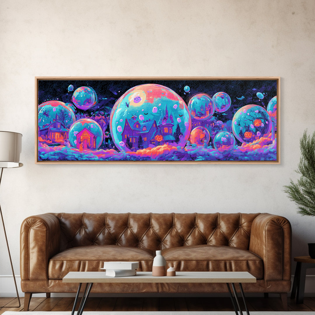 The Halloween Bubble Village, Cute Spooky Neon Art, Extra Wide Wall Art, Canvas Print, Retro Halloween Decor, Neon Wall Art