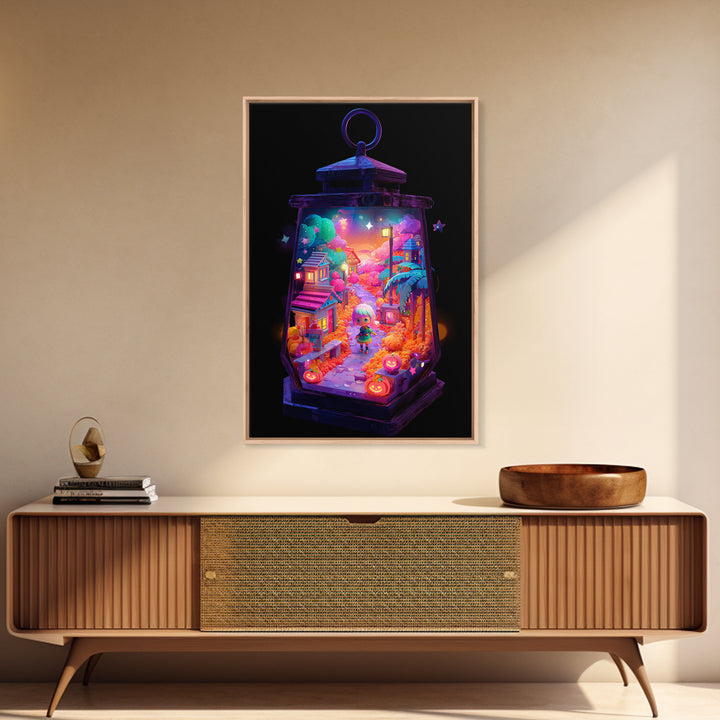 The World Inside A Lantern, Cute Spooky Neon Art, Vertical Wall Art, Canvas Print, Retro Halloween Decor, Neon Wall Art, Macabre Wall Art