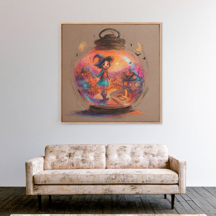 The World Inside A Lantern, Cute Spooky Neon Art, Square Wall Art, Framed Canvas Print, Retro Halloween Decor, Neon Wall Art