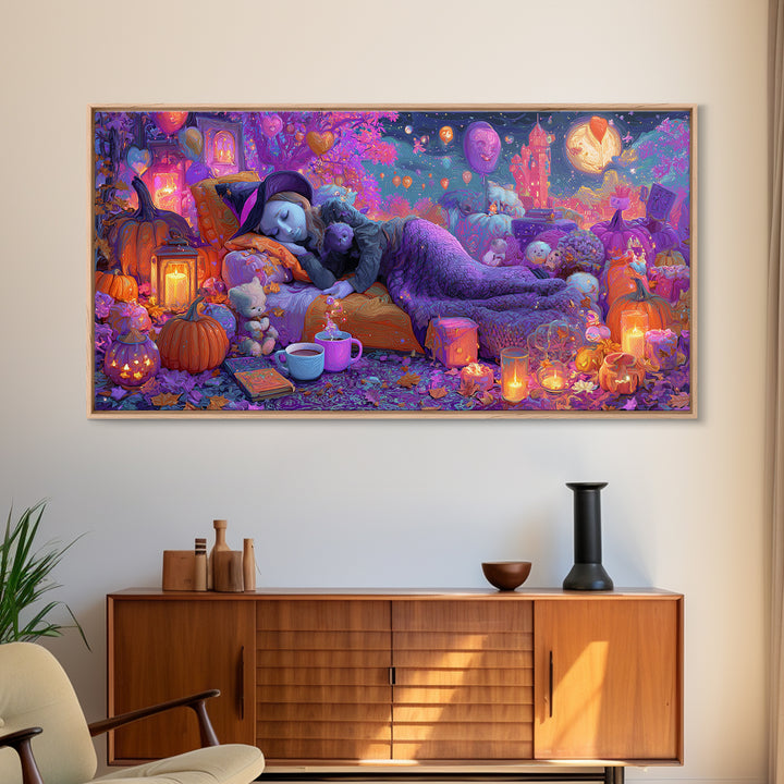 The Festival Of Friendly Frights, 80s Halloween Wall Art, Wide Panoramic Art, Framed Canvas Print, Retro Halloween Decor, Neon Wall Art