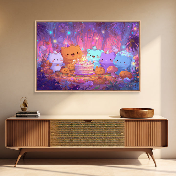 October'S Birthday Party, Cute Spooky Neon Art, Landscape Wall Art, Framed Canvas Print, Retro Halloween Decor, Neon Wall Art