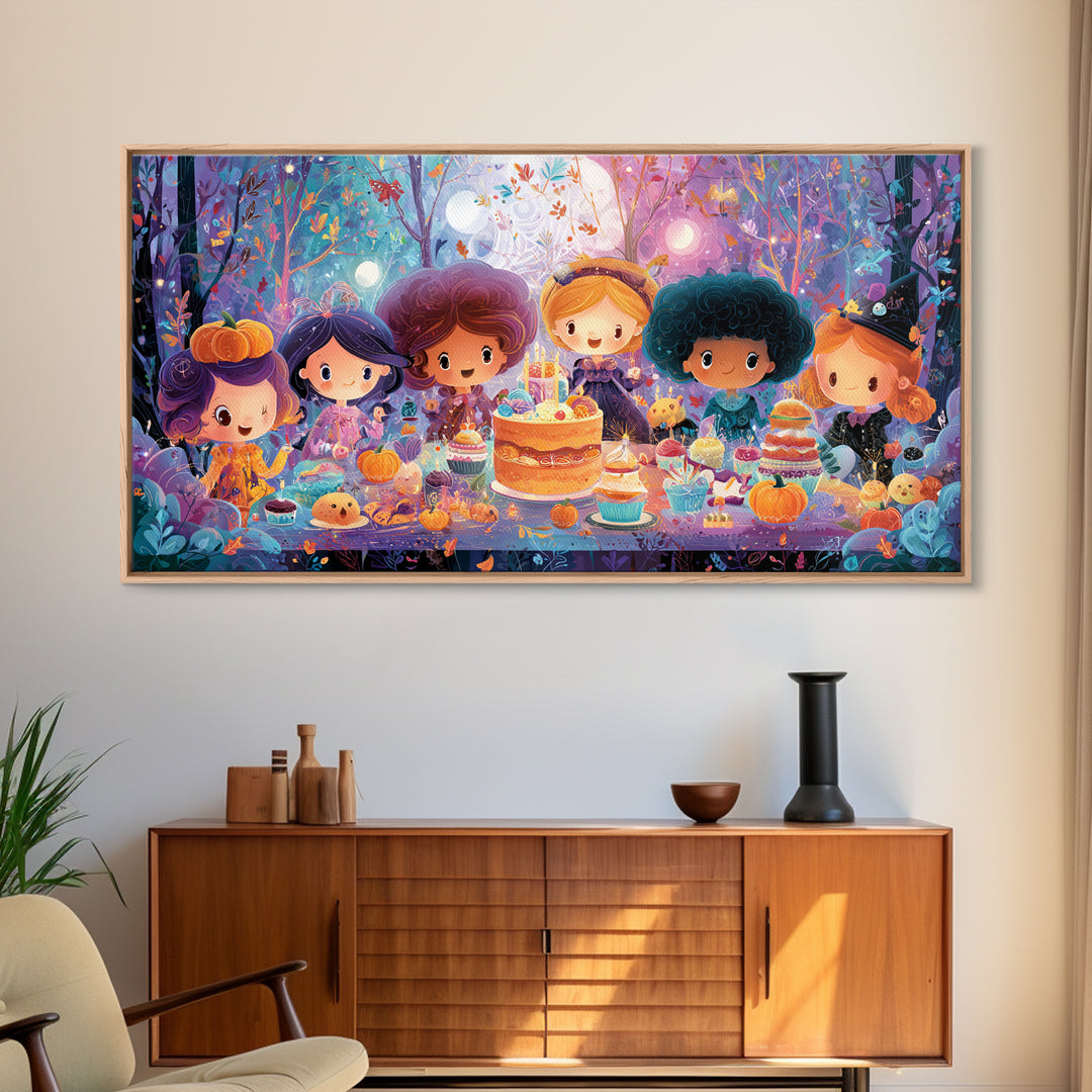 October'S Birthday Party, Vaporwave Halloween Decor, Wide Panoramic Art, Framed Canvas Print, Retro Halloween Decor, Neon Wall Art