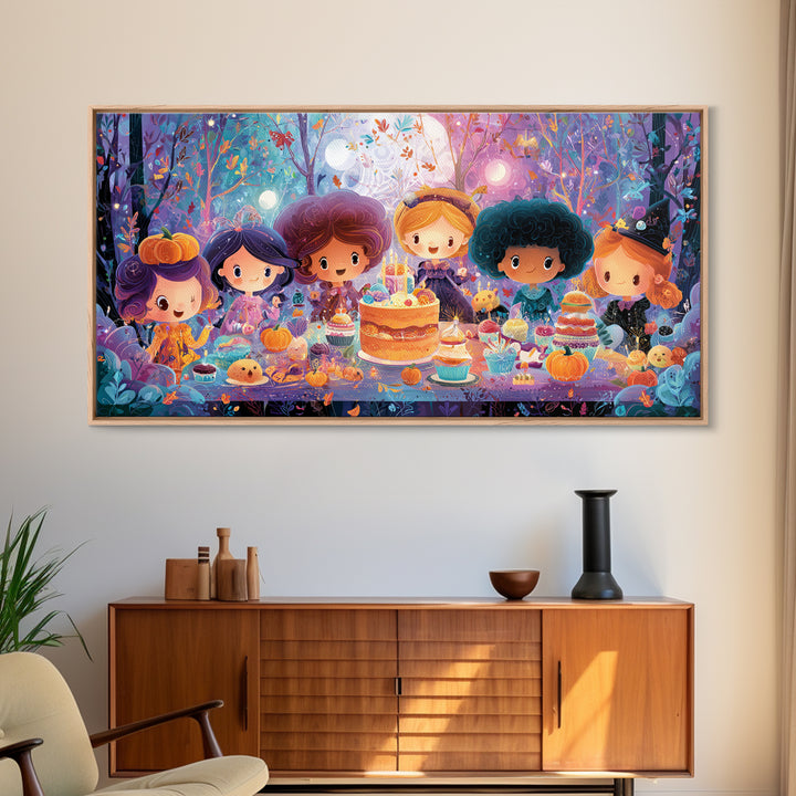 October'S Birthday Party, Vaporwave Halloween Decor, Wide Panoramic Art, Framed Canvas Print, Retro Halloween Decor, Neon Wall Art