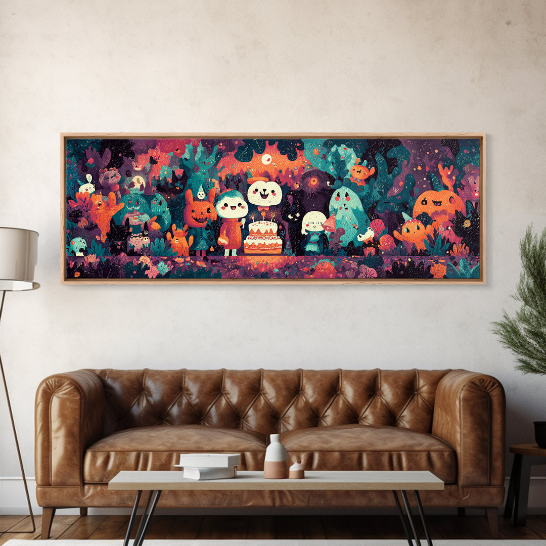 October'S Birthday Party, Vaporwave Halloween Decor, Extra Wide Wall Art, Canvas Print, Retro Halloween Decor, Neon Wall Art