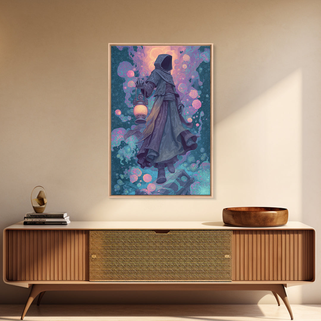 The Lantern-Bearer Of R’Lyeh, Retro Neon Halloween Art, Vertical Wall Art, Canvas Print, Retro Halloween Decor, Neon Wall Art