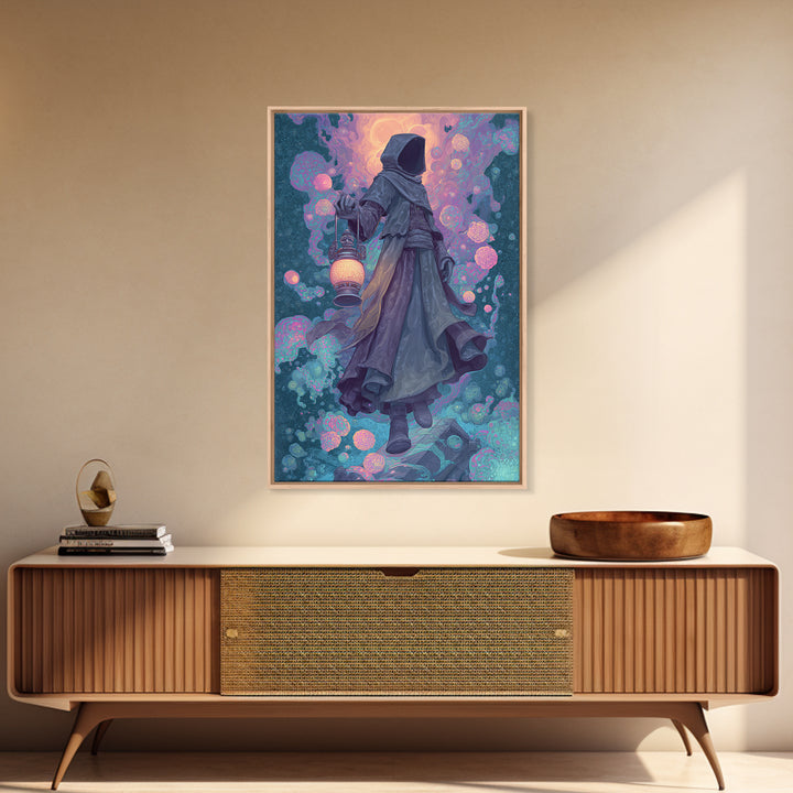 The Lantern-Bearer Of R’Lyeh, Retro Neon Halloween Art, Vertical Wall Art, Canvas Print, Retro Halloween Decor, Neon Wall Art