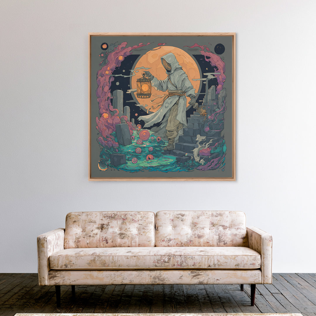 The Lantern-Bearer Of R’Lyeh, Vaporwave Halloween Decor, Square Wall Art, Framed Canvas Print, Retro Halloween Decor, Neon Wall Art
