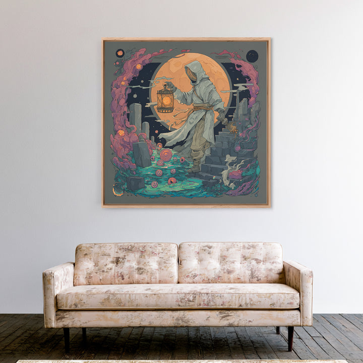 The Lantern-Bearer Of R’Lyeh, Vaporwave Halloween Decor, Square Wall Art, Framed Canvas Print, Retro Halloween Decor, Neon Wall Art