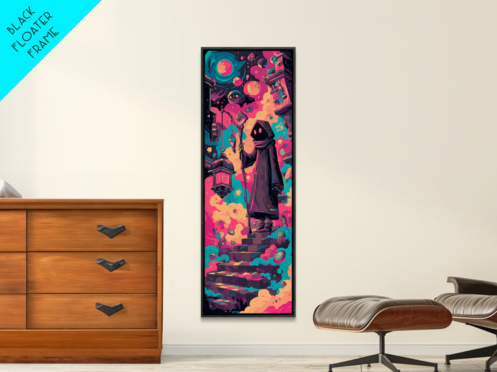The Lantern-Bearer Of R’Lyeh, Retro Neon Halloween Art, Tall Narrow Wall Art, Canvas Print, Retro Halloween Decor, Neon Wall Art
