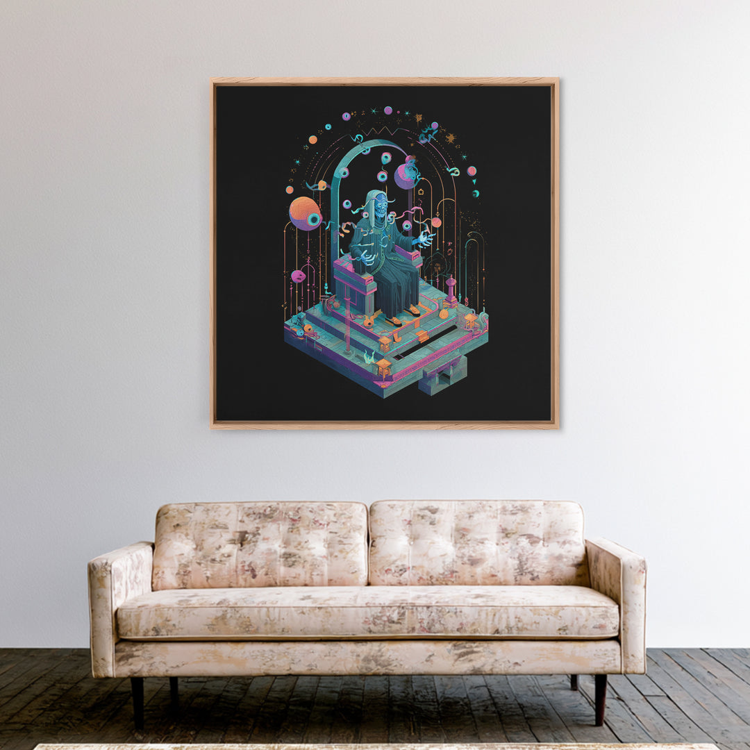 The Dreaming Priest Of The Outer Gate, Cosmic Synthwave Horror, Square Wall Art, Framed Canvas Print, Retro Halloween Decor, Neon Wall Art