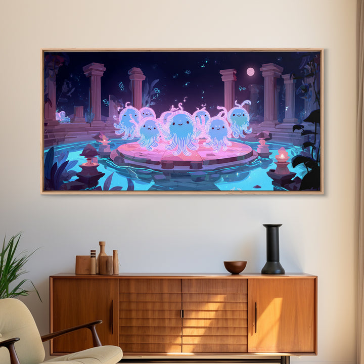 The Choir Of Deepwater Acolytes, Cute Spooky Neon Art, Wide Panoramic Art, Canvas Print, Retro Halloween Decor, Neon Wall Art