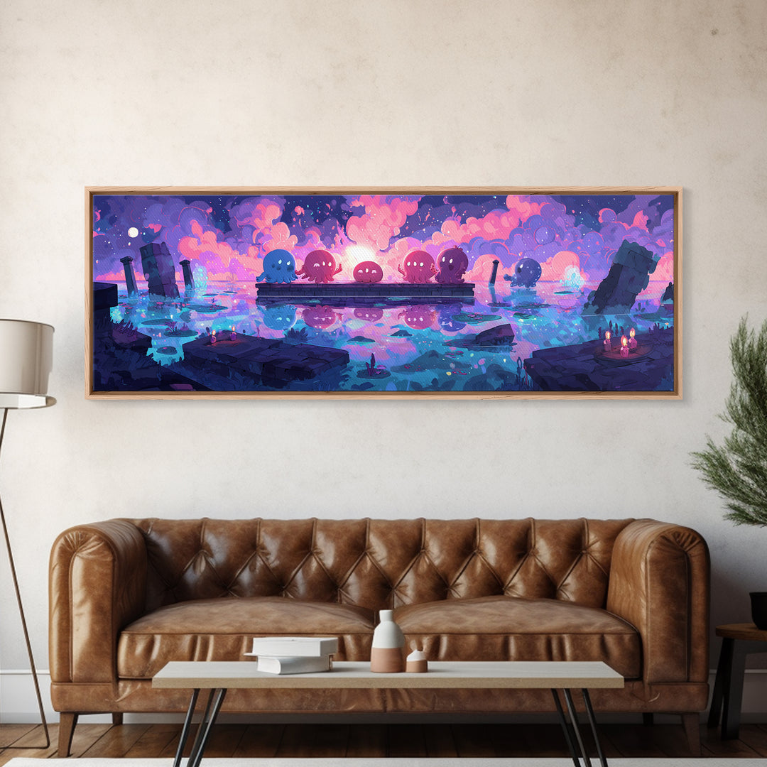 The Choir Of Deepwater Acolytes, Synthwave Halloween Art, Extra Wide Wall Art, Canvas Print, Retro Halloween Decor, Neon Wall Art