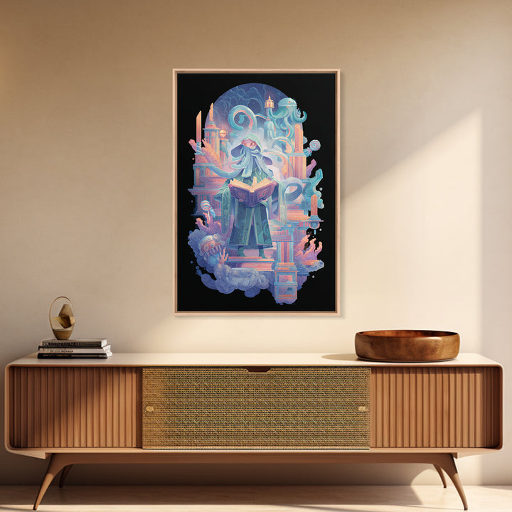 The Librarian Of Forbidden Tides, Retro Neon Halloween Art, Vertical Wall Art, Framed Canvas Print, Retro Halloween Decor, Neon Wall Art