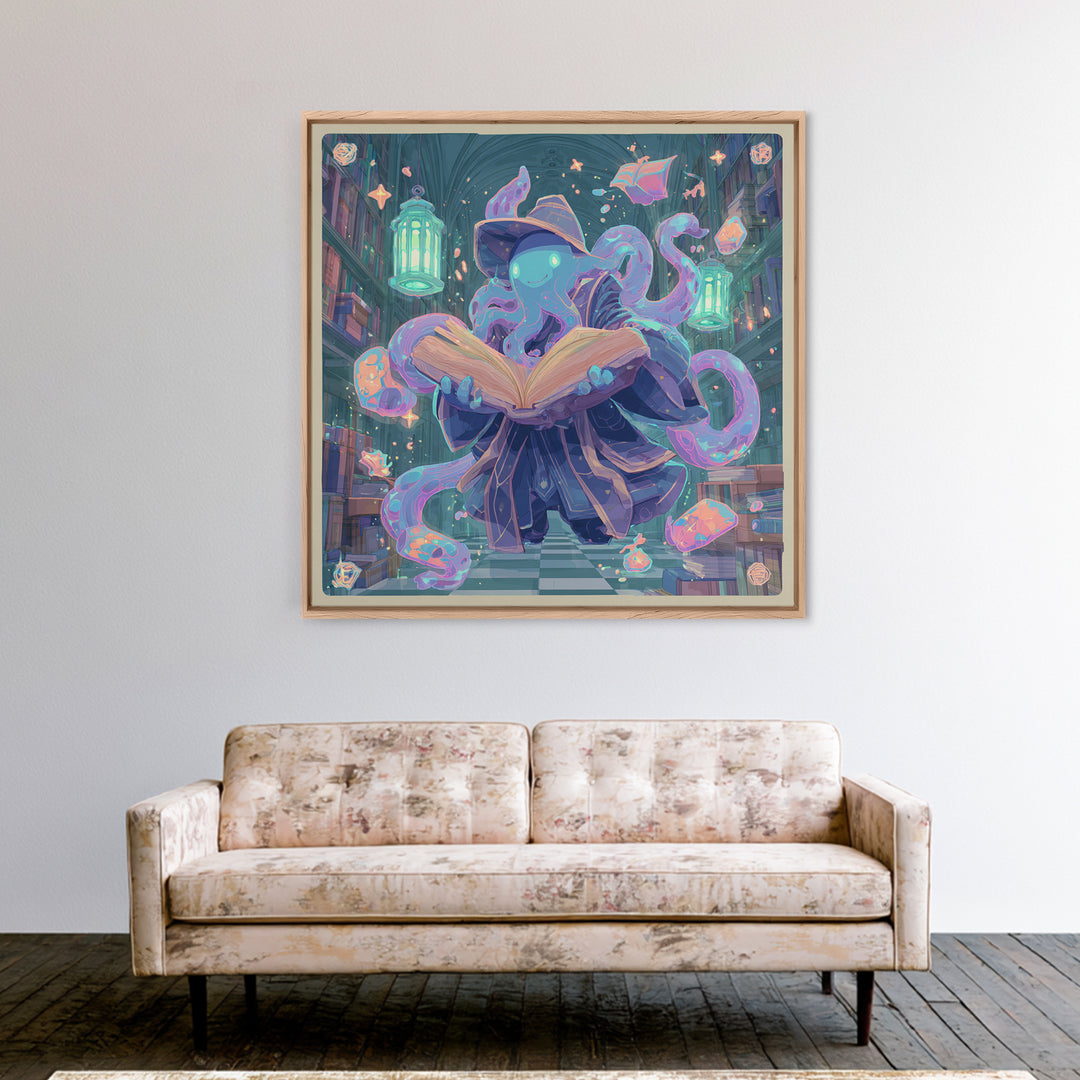 The Librarian Of Forbidden Tides, Cute Spooky Neon Art, Square Wall Art, Canvas Print, Retro Halloween Decor, Neon Wall Art