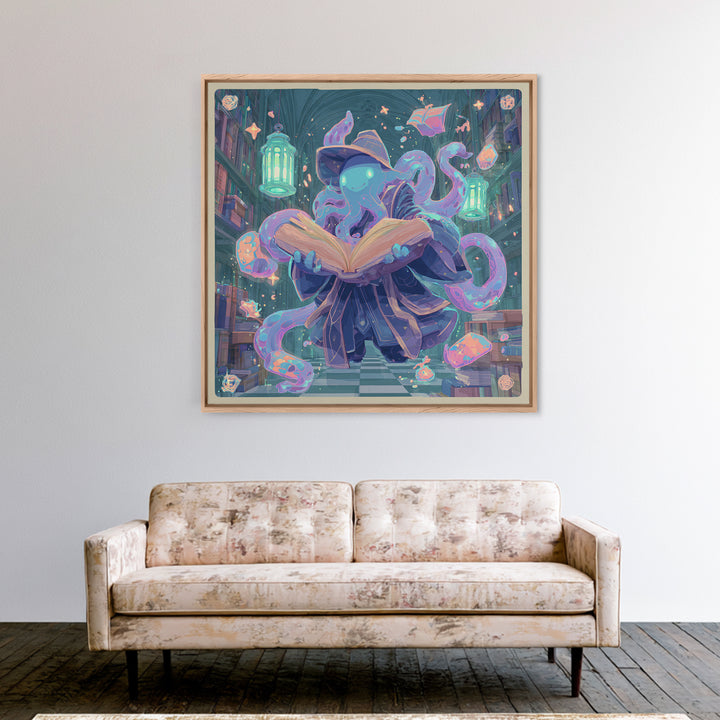 The Librarian Of Forbidden Tides, Cute Spooky Neon Art, Square Wall Art, Canvas Print, Retro Halloween Decor, Neon Wall Art
