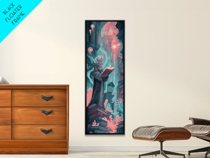 The Librarian Of Forbidden Tides, Cosmic Synthwave Horror, Tall Narrow Wall Art, Canvas Print, Retro Halloween Decor, Neon Wall Art