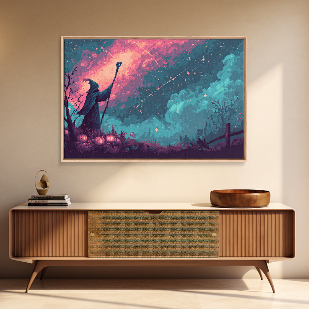The Star-Seer Of Black Dunwich, Cute Spooky Neon Art, Landscape Wall Art, Framed Canvas Print, Retro Halloween Decor, Neon Wall Art