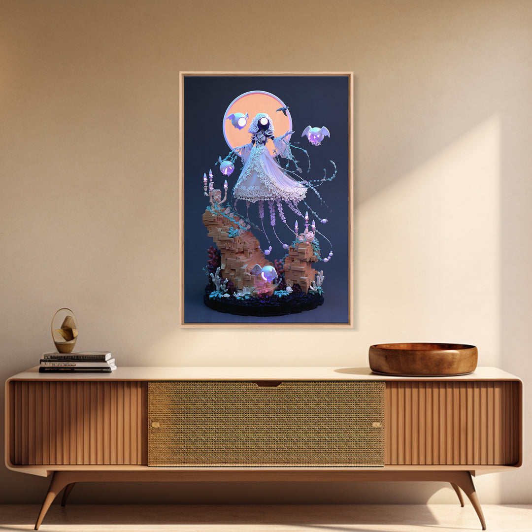 The Bride Of The Abyssal Moon, Cute Eldritch Neon Art, Vertical Wall Art, Framed Canvas Print, Retro Halloween Decor, Neon Wall Art