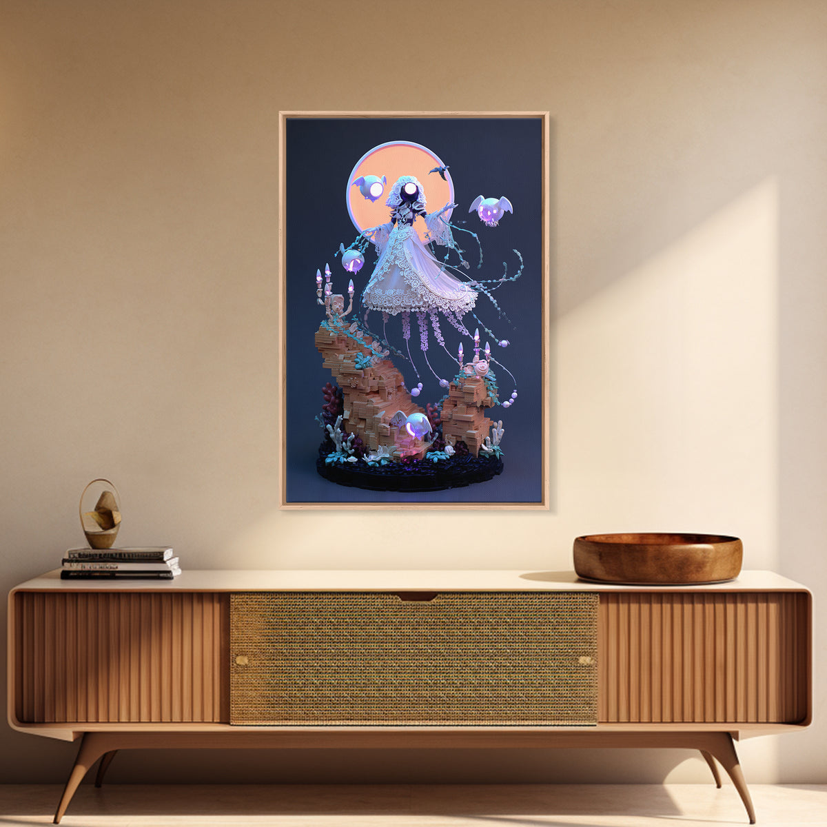 The Bride Of The Abyssal Moon, Cute Eldritch Neon Art, Vertical Wall Art, Framed Canvas Print, Retro Halloween Decor, Neon Wall Art