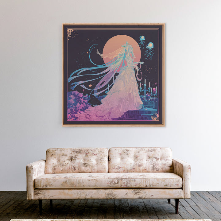 The Bride Of The Abyssal Moon, Cute Eldritch Neon Art, Square Wall Art, Framed Canvas Print, Retro Halloween Decor, Neon Wall Art