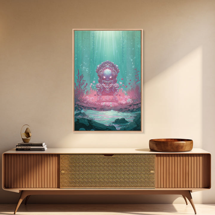 The Watcher In The Coral Throne, Retro Neon Halloween Art, Vertical Wall Art, Canvas Print, Retro Halloween Decor, Neon Wall Art