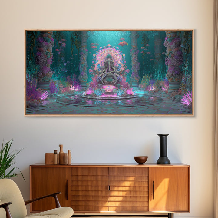 The Watcher In The Coral Throne, Vaporwave Halloween Decor, Wide Panoramic Art, Framed Canvas Print, Retro Halloween Decor, Neon Wall Art