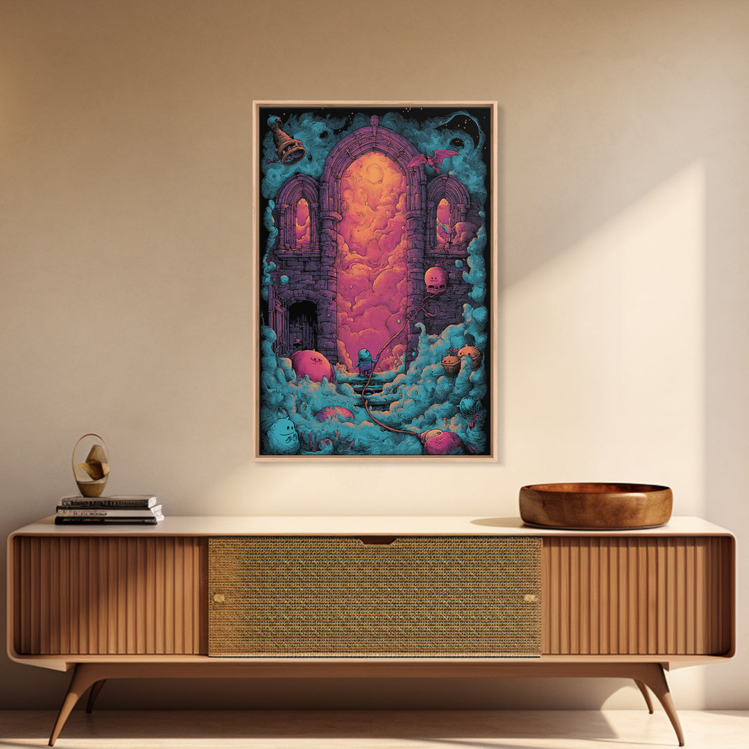 The Bellringer Of The Sunken Cathedral, Cute Eldritch Neon Art, Vertical Wall Art, Canvas Print, Retro Halloween Decor, Neon Wall Art